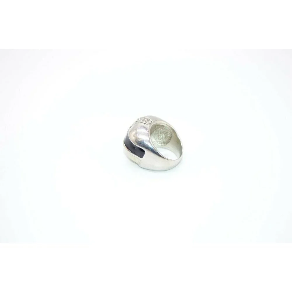 Cream Black Enamel Clear Rhinestone Dome Silver
